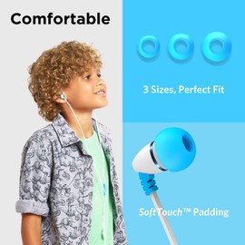 LilGadgets Kids Earbuds Wired for School, Safe & Comfortable, Volume Limited, Wired in Kid Ear Buds with an in-Line Microphone, Travel Case, and Splitter for Multiple Kids, Blue