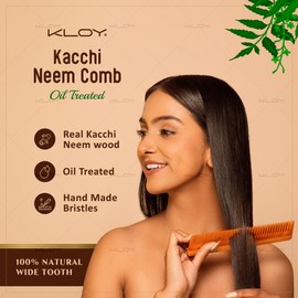 KLOY Oil Treated Kacchi Neem Comb, Treated with Neem Oil, Bhringraj & 15+ Herbs, Hair Growth, Anti Hairfall, Dandruff Control | Hair Straightening, Frizz Control Comb For Men, Women | (Dual Tooth)