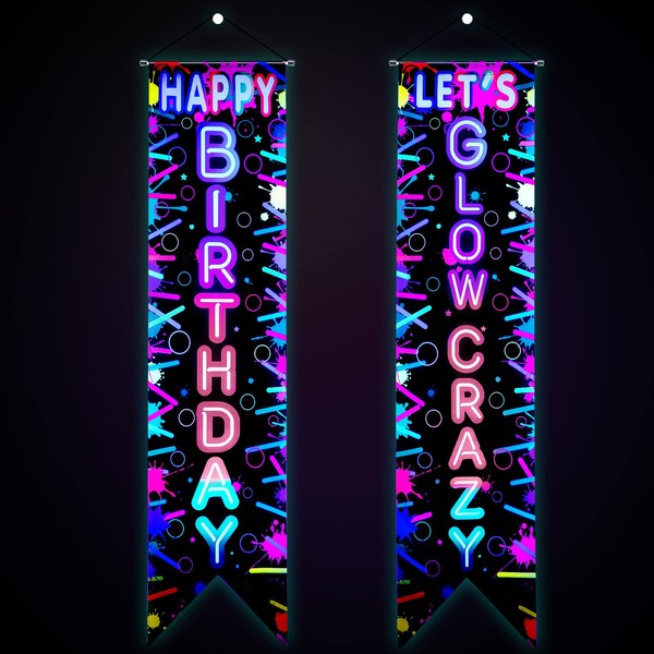 Tegeme Glow in the Dark Party Supplies Neon Happy Birthday Banner Crazy Porch Sign Glow Party Backdrop for Black Light Neon Themed Birthday Party Decorations