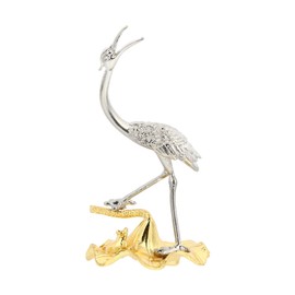 POPETPOP Mini Metal Crane Statue Vintage Chinese Crane Stand on Lotus Leaf Figurine Fengshui Bird Sculpture Longevity Good Luck Ornament