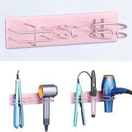 Blow Dryer Holder Wall Mounted Curling Iron Holder, 3 in 1 Hair Tool Organizer for Straightener, Curling Iron, Hair Dryer Holder Adhesive Flat Irons Storage for Bathroom Barber Shop (Rose Gold)