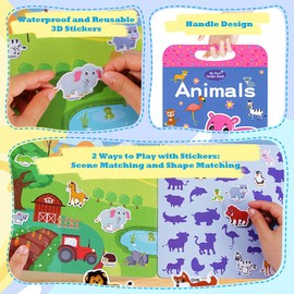 Govmeie 1 Pack Reusable Puffy Sticker Book for Kids, Travel Airplane Activity Stickers Animal Themes, Education Learning Toys for Birthday Gift