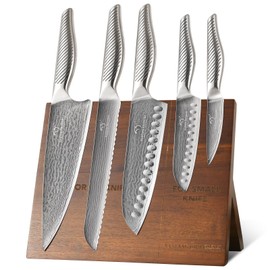 NANFANG BROTHERS® Kitchen Knife Set with Magnetic Knife Holder, 6-Piece Damascus Steel Knives & Acacia Wood magnetic Block - Includes Chef, santoku, Bread, Small Santoku, Fruit Knives