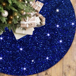 FOTSHARER Blue Sequin Christmas Tree Skirt 36 Inches Velvet Round Tree Skirt Sparkly Sequins Xmas Tree Mat Reversible Tree Skirts for Merry Christmas Party Rustic Vintage Christmas Tree Decorations