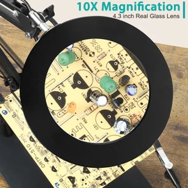MagnieOpti Helping Hands Soldering Station, 10X Magnifying Glass with Light and Stand with 4 Magnetic Third Hand & 4 PCB Circuit Board Holders, Hands Free Magnifier Desk Lamp for Soldering Repairing