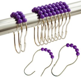 Shower Curtain Rings Hooks Decorative Acrylic Roller Balls Stainless Steel Heavy Duty for Bathroom Curtain (12pcs-Purple)