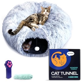WONDER FAMILY Cat Tunnel Bed with Cat Toys for Bored Indoor Adult Cats C Includes 1 Laser Paw, 1 Ball, and 2 Hollow Tunnels to Form Big Donut Shaped Tube - Can Be Used as Peekabo Cave or Comfy Pet Bed