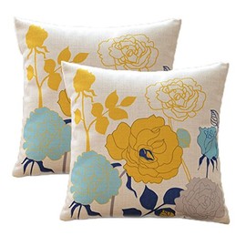 sykting Decorative Pillow Covers Farmhouse Cotton Linen Yellow and Blue Throw Pillow Covers Cases 26x26 inch for Couch Sofa Bed Home Floral Pattern Pack of 2