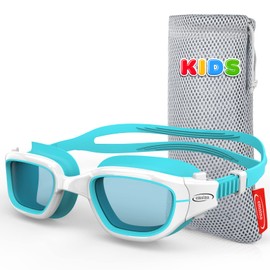 Emsina Kids Swim Goggles,Super Anti-Fog Swimming Goggles for Kids Age 7-12 Boys and Girls(WhiteSkyblue-SmokeLens)