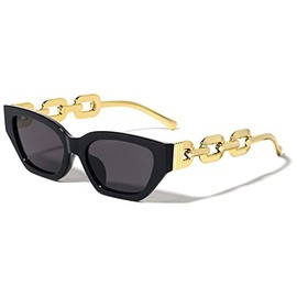 Dweebzilla Womens Slim Cat Eye Gold Cuban Link Retro Sunglasses (Black & Gold Frame, Black Super Dark Lenses)