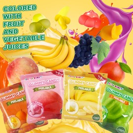 4 Friuts in 8 Packs Assorted Gummy Candy Individually Wrapped, Peelable Fruit-Shaped Gummies Candy made with Real Fruit Juice (≥30%), Chewy Peeling Candy Gummy Snacks Net 200g/7oz
