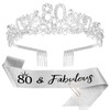 KIUEZIR Silver 80th Crystal Birthday Headband and Sash Set