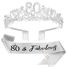 KIUEZIR Silver 80th Crystal Birthday Headband and Sash Set