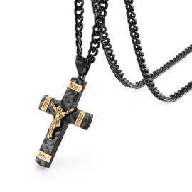 HZMAN Jesus Cross Necklace for Men Boy Stainless Steel Small Crucifix Cross Necklace Pendant Christian Jewelry Gift with 24Inch Cuban Chain, Stainless Steel, No Gemstone, Black, P24-0415-07C