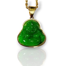 Shop-iGold Laughing Buddha White Jade Pendant Necklace – 14k Gold Plated Rope Chain, Certified Grade A Jadeite, Handcrafted Iced Diamond Buddha, Healing Obsidian Prayer Jewelry (18" NECKLACE)