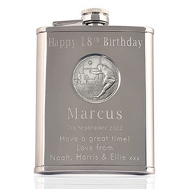 Mens 18th Birthday, Stainless Steel Engraved Hip Flask with Solid Pewter Rugby Player Feature