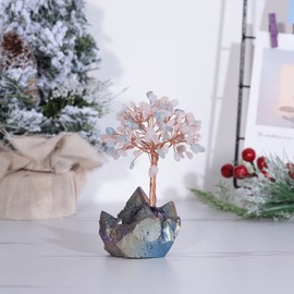 moonsix Healing Crystal Tree with Rainbow Titanium Coated Rock Quartz Cluster Base Lucky Money Bonsai Feng Shui Tree, Rose Quartz & Aquamarine