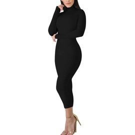 BORIFLORS Women's Sexy Basic Long Sleeve Turtleneck Bodycon Party Long Pencil Dress,Small,Black