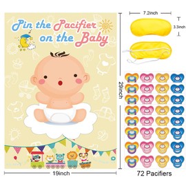 Hxezoc Pin The Pacifier On The Baby Game - Large Poster for Baby Shower Party, Kids Birthday Party Supplies - 72 Pacifier Stickers