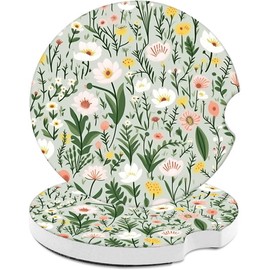 Car Cup Holder Coaster, 2 Pack Absorbent Universal Anti Slip Car Assecories,Funny Car Coasters for Women Girl,Ceramic Car Cup Mat with A Finger Notch(Pretty Floral Green Leaf)