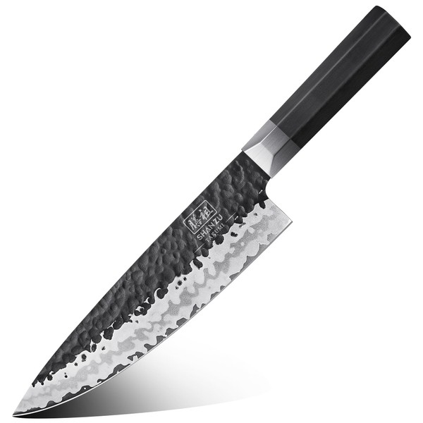 SHAN ZU Couteau de Chef Forgé à la Main, Couteau de Cuisine 20 cm, 7 Couches de Couteau Japonais Tranchant en Acier 9CR18MOV, Couteau Professionnel Gyuto avec Manche en Fibre de Verre G10