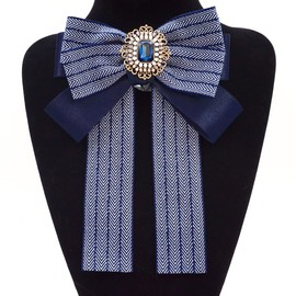 luxury blue bow tie brooches for women men fashion large ribbon rhinestone bow brooch cravat Classic bowtie Necktie Jabot Collar Neck Tie Suit Accessory (SR157 weave blue)
