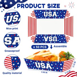 50 PCS 4th of July Paper Food Tray, Red White Blue Independence Day Snack Tray, American Flag Boat Serving Plate, Disposable Assembled Patriotic July 4th Supplies for Labor Veteran Day Decoration