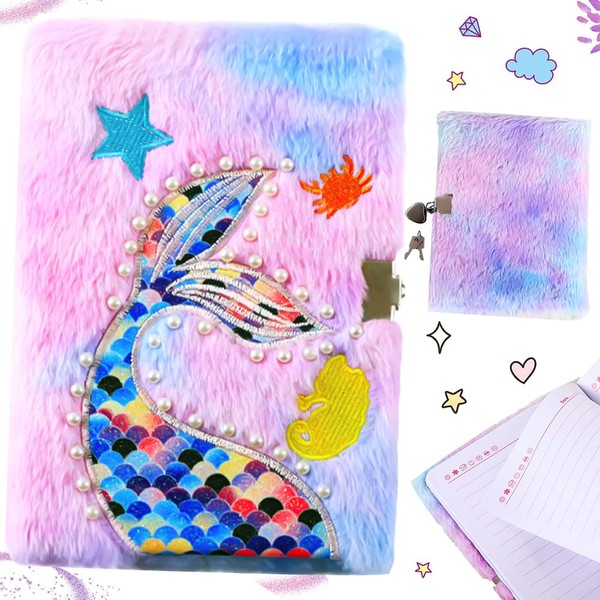 Mermaid Notebook with Plush, A5 Sequins Diary Mermaid Journal for