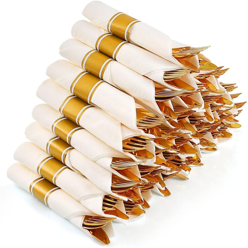 Neatiffy 50 Pack Disposable Gold Plastic Silverware Set, Pre Rolled