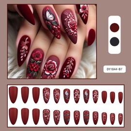 24Pcs Medium Almond Fake Nails Red Rose Butterfly French Tip Medium Press On Nails Almond with Designs Full Cover Glossy False Nails,Acrylic Thick Glue on Nails, Stick on Nails For Women Daily Events DY1844-B7