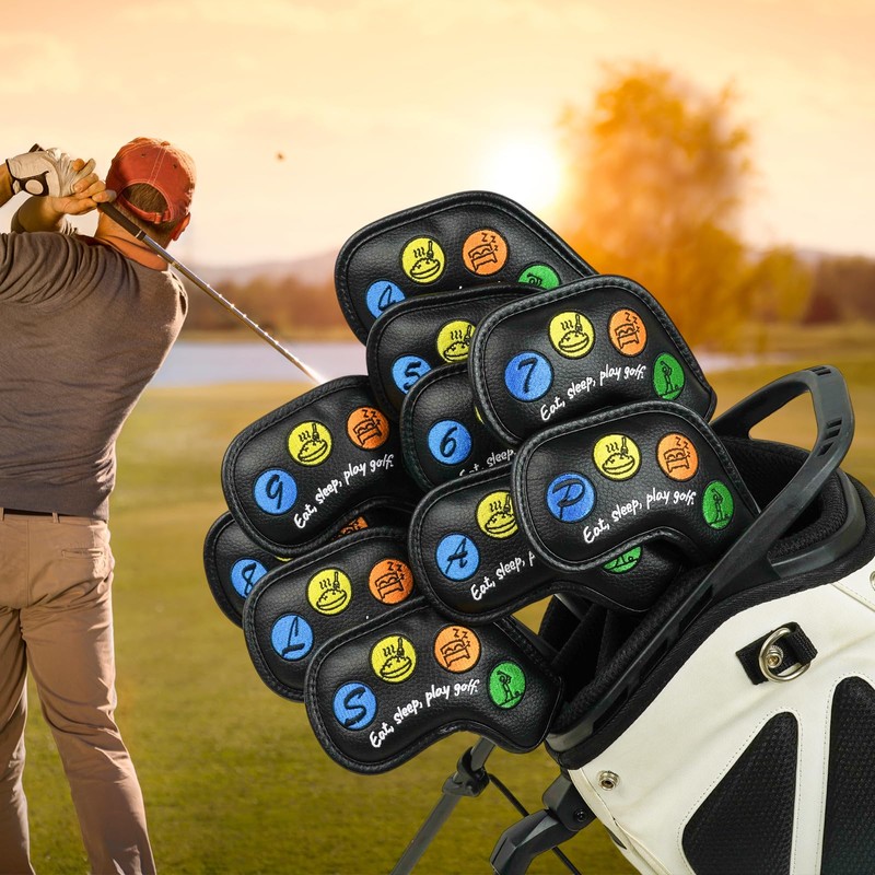 ゴルフアイアンカバー マグネット ウェッジカバー クラブヘッドカバー セット 10枚(4-9,P,A,S,L) 黒い合成皮革 かわいいパターン