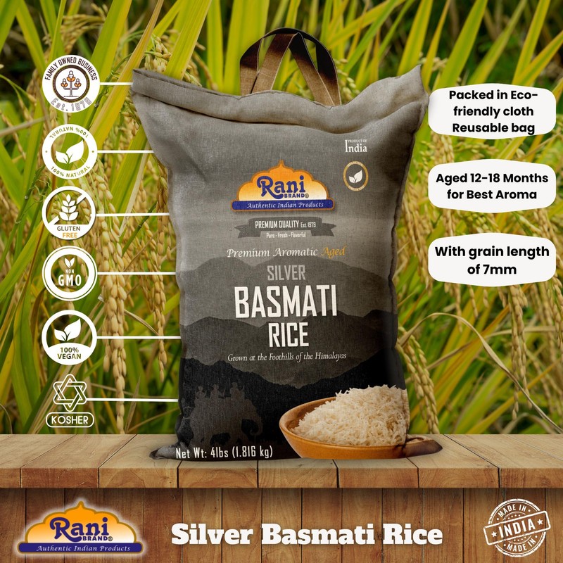 Rani Silver White Basmati Rice Extra Long Aged 4-Pound Bag,