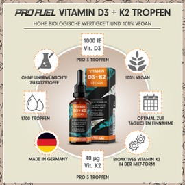 Vitamin D3 + K2 3400 Tropfen vegan - 1000 IE Vitamin D3 + 40 mcg K2 MK7 (Pharmaquinone®) - optimal hochdosiert & höchste Bioverfügbarkeit - veganes Vitamin D3 (RAWD3®) - laborgeprüft - 2x50ml
