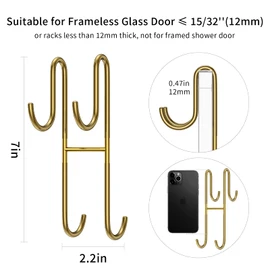 Over Shower Glass Door Hook, 2 Pack Gold Stainless Steel Extended Shower Door Hooks, Bathroom Frameless Drilling-Free Hanger, Double Side Towel Hooks