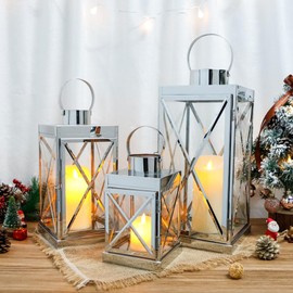 TRIROCKS Silver Stainless Steel Lantern Set of 3-Square Elegance 8/12/16 Inch Opulent Metal Candle Lanterns Candle Holder with Tempered Glass for Christmas Home Garden Indoor Outdoor Decor Celebratory