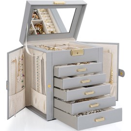 TORIBIO Large Jewelry Box for Women, Leather Jewelry Organizer with Mirror & Lock, 6-Tier Jewelry Storage Case for Girls/Women/Mothers, Necklace Earring Bracelets Holder Organizer