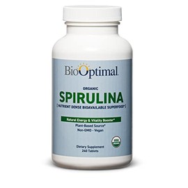 BioOptimal Organic Spirulina Tablets, 100% USDA Organic, Premium Quality 4 Organic Certifications, Non-GMO, No Additives Capsules or Fillers, 240 Count 2 Month Supply, Packaging May Vary