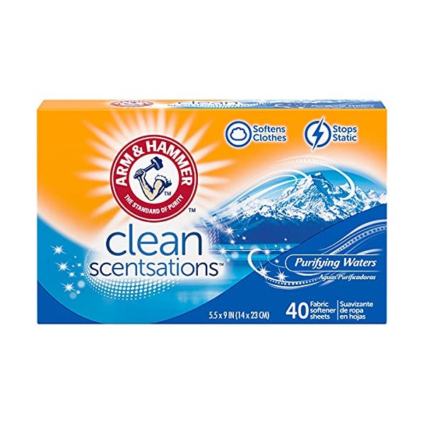 Arm and Hammer Clean Scentsations Fresh Soft Dryer Sheets, Purifying Waters - 40 Count (Pack of 12)
