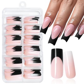 LuckForever 144pc Black French Tips Press on Nails Long Square Fake Nails French Nude Ombre Glue on Nails Press ons French Tips Aritificial False Fingernails with Glue Adhesive Tabs for Women Girls