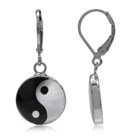Silvershake 14mm White Mother of Pearl and Created Black Onyx 925 Sterling Silver Yin Yang Leverback Earrings