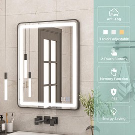 LNKHMK 24x36 Inch LED Bathroom Vanity Mirror with Black Frame Front Lighted Aluminum Tricolors Stepless Dimmable Anti-Fog Memory Function for Wall Decor