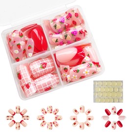 96 Pieces Kids False Nails, Children Press on Fake Nail Tip, Pre-glue Full Cover Short False Nails, Kids Stick on Nails for Kids Girls Nails Art Decoration (Strawberry, Medium)