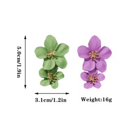 2 Pairs Chic Boho Flowers Double Metal Earrings Set,Petal Flower Statement Stud Earrings with Gold Flower Bud for Women Sister Mom Lover and Friends (Green+Purple)