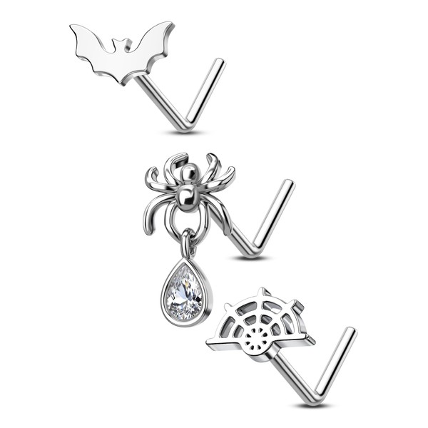 COCHARM 3PCS Dangle Spider Nose Stud 20g Halloween Bat Nose