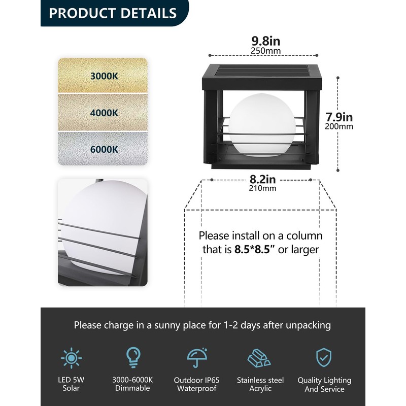 Solar Post Lights Outdoor, Modern Exterior Stainless Steel Pillar Light,