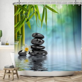 SDOTPMT 55x72inch Spa Japanese Theme Shower Curtain Green Bamboo Leaves Orchid Basalt Stones Bath Curtain Zen Meditation Bathtub Curtain for Bathroom Decor Fabric Polyester with Hooks