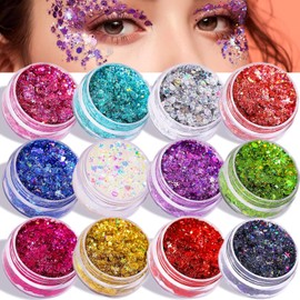 Gel de Purpurina para Cuerpo y Rostro, 12 Colores Brillo Lentejuelas Sirena, Maquillaje en Gel con Purpurina para Labios, Cabello, Ojos, Maquillaje de Festival y Decoración Corporal