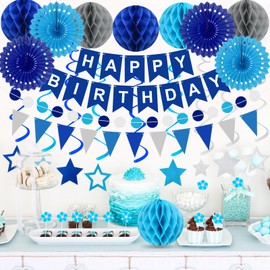 Blue Birthday Decorations Happy Birthday Banner Triangles Honeycomb Ball Paper Fan Stars Hanging Swirl Streamers Circle Dots Garland Happy Birthday Party Decorations for Boys Girls Men Women