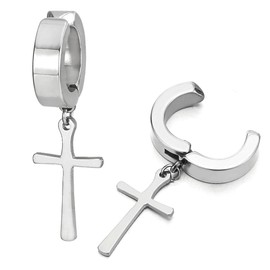 Pair Steel Ear Clip Non-piercing Clip on Earrings with Dangling Cross for Men and Women