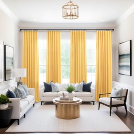 Yellow Gold Linen Curtains 63 Inch Length for Kitchen 2 Panels Rod Pocket Bright Pop Colored Gourmet Semi Sheer Mustard Golden Yellow Curtain for Bedroom Living Room Office Marigold Spring Fall Decor